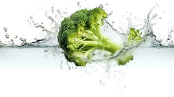 Foto av broccoli med vatten stänk isolerat på vit bakgrund