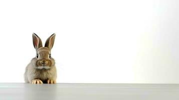 Foto av en kanin på vit bakgrund. generativ ai
