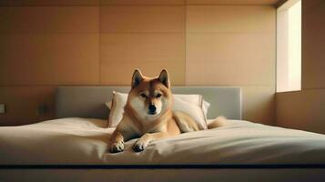 shiba inu hund liggande på säng i hotell med samtida interiör design. generativ ai foto