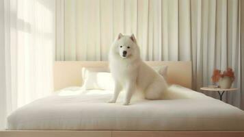 samojed hund liggande på säng i hotell med samtida interiör design. generativ ai foto