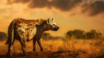 Foto av hyena på savann på solnedgång. generativ ai