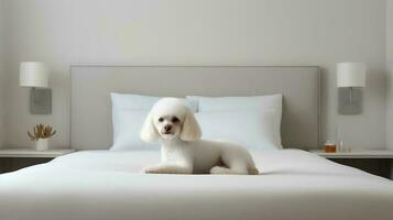 pudel hund liggande på säng i hotell med samtida interiör design. generativ ai foto