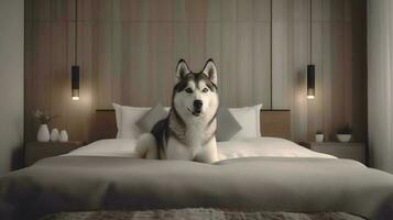 sibirisk hes hund liggande på säng i hotell med samtida interiör design. generativ ai foto