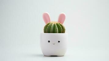 Foto av dekorerad kaktus med kanin öron som krukväxt i minimalistisk pott. generativ ai