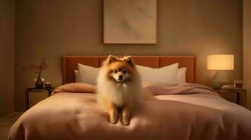 pomeranian hund liggande på säng i hotell med samtida interiör design. generativ ai foto