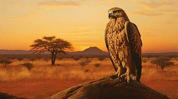 Foto av krigisk Örn på savann på solnedgång. generativ ai