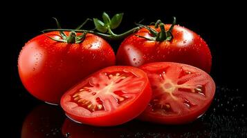 Foto av tomater och skiva av tomat isolerat på svart bakgrund