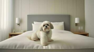 shih tzu hund liggande på säng i hotell med samtida interiör design. generativ ai foto