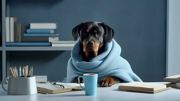 en rottweiler hund i en Tröja sitter studerar åtföljs förbi en kopp och pålar av böcker. generativ ai foto