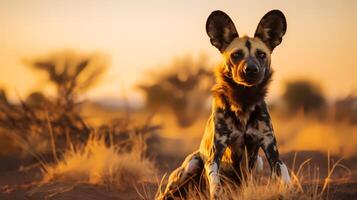 Foto av afrikansk vild hund på savann på solnedgång. generativ ai