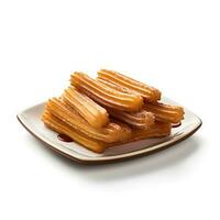 Foto av churros på tallrik isolerat på vit bakgrund. skapas förbi generativ ai