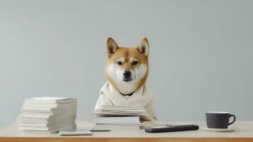 en shiba inu hund i en Tröja sitter studerar åtföljs förbi en kopp och pålar av böcker foto