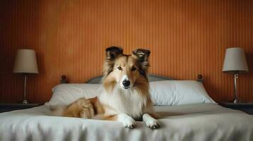 grov collie hund liggande på säng i hotell med samtida interiör design. generativ ai foto