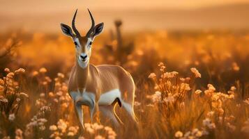 Foto av springbock på savann på solnedgång. generativ ai