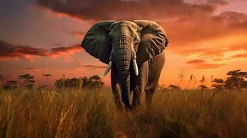 Foto av elefant på savann på solnedgång. generativ ai