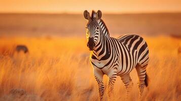 Foto av zebra på savann på solnedgång. generativ ai