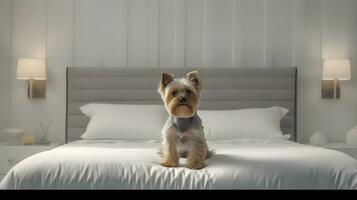yorkshire terrier hund liggande på säng i hotell med samtida interiör design. generativ ai foto