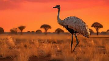 Foto av struts på savann på solnedgång. generativ ai