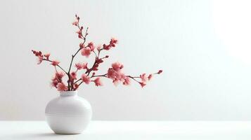 Foto av plommon blomma i minimalistisk pott som krukväxt för Hem dekoration på vit tabell på ljus bakgrund. generativ ai