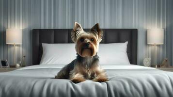 yorkshire terrier hund liggande på säng i hotell med samtida interiör design. generativ ai foto