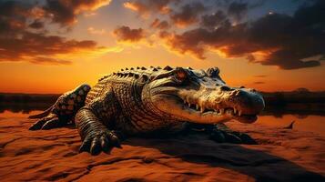 Foto av krokodil på savann på solnedgång. generativ ai