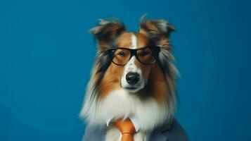 Foto av högdragen grov collie hund använder sig av solglasögon och kontor kostym på vit bakgrund. generativ ai
