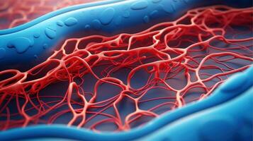 3d illustration attrapp av de mänsklig organ system, cirkulations, matsmältning, röd och vit blod celler med suddig bakgrund. medicinsk utbildning begrepp, generativ ai illustration foto