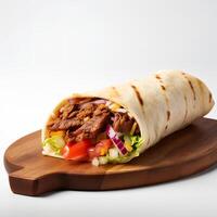 mat fotografi av shawarma på trä- styrelse isolerat på vit bakgrund. generativ ai foto