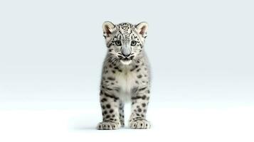 Foto av en snö leopard på vit bakgrund. generativ ai