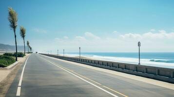 illustration bild av tömma asfalt väg bredvid de hav bakgrund, motorväg bredvid de hav, utomhus horisontell bild, generativ ai illustration foto
