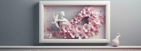 hjärta form skulptur med rosa blommor i en vit ram, i de stil av rörelse fläck panorama, söt manga, Foto bashing, sony alfa a1, detaljerad karaktär design, lökformig, generera ai