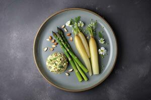 traditionell bavarian vit sparris eras med vild vitlök och mandel Smör närbild på en nordic design tallrik med kopia Plats, generera ai foto