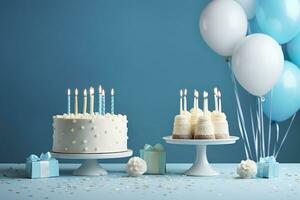 födelsedag kaka med ljus och sötsaker på vit tabell nära blå vägg. generativ ai foto
