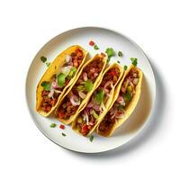 mat fotografi av tacos på tallrik isolerat på vit bakgrund. generativ ai foto