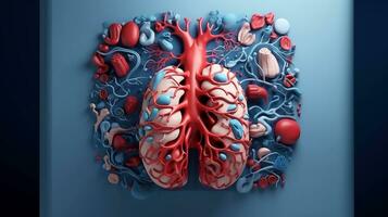 3d illustration av de mänsklig organ system, mänsklig inre organ. anatomi. nervös, cirkulations, matsmältning, utsöndring, urin, och ben system. medicinsk utbildning begrepp, generativ ai illustration foto