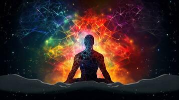 mänsklig meditera, yoga. psykisk mänsklig anser sinne och hjärta. andlighet, esoterism, med bokeh defocused lampor. universum, psykisk vågor begrepp, generativ ai illustration foto