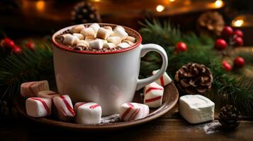 ett Fantastisk Foto av gourmet varm kakao i en skön jul råna