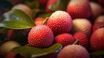 generativ ai, makro färsk saftig av litchi frukt bakgrund. närbild Foto, sommar thailand mat. foto