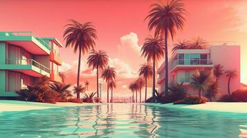 generativ ai, miami sommar vibrafon retro illustration. årgång rosa och blå färger, byggnader, kalifornien palmer, 80s stil foto