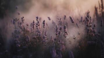 generativ ai, stänga upp växande lavendel- fält med parfym rök, blommande lavandula, rosa lila blommor och gräs. foto