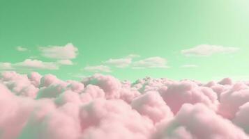 generativ ai, rosa och grön fantastisk 3d moln på de golv, himmel och landskap. mild färger och med ljus lampor. foto