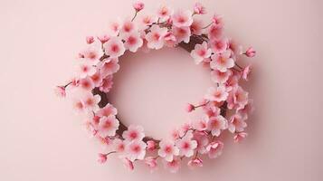 generativ ai, krans av liten ljus rosa körsbär sakura blommor med kopia Plats, naturlig organisk blommig ram foto