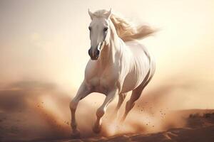 vit häst löpning på de sand på sommar solnedgång, skapas med generativ ai teknologi foto