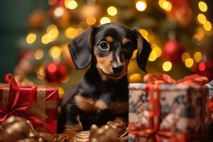 hund nära jul träd på Hem. glad tax valp Framställ mot jul bakgrund. generativ ai. foto