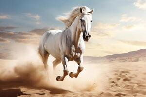 vit häst löpning på de sand på sommar solnedgång, skapas med generativ ai teknologi foto