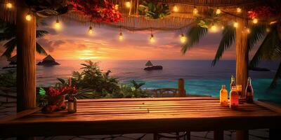 generativ ai, tropisk sommar solnedgång strand bar bakgrund. utomhus- restaurang, led ljus ljus och trä- bord, stolar under skön solnedgång himmel, hav se. foto