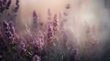 generativ ai, stänga upp växande lavendel- fält med parfym rök, blommande lavandula, rosa lila blommor och gräs. foto