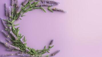 generativ ai, krans av lavendel- grenar blommor med kopia Plats, naturlig organisk blommig ram violett bakgrund foto