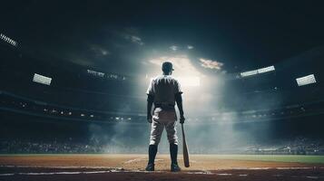 generativ ai, professionell baseboll spelare innehav fladdermus på sport stadion foto