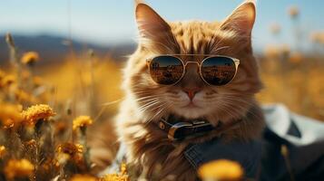 söt röd katt i en rolig utrusta och solglasögon. . ai genererad foto